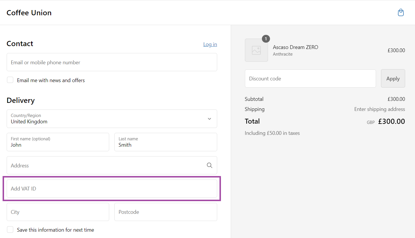 Shopify Checkout with VAT Number